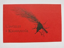 Régi képeslap piros levelezőlap Krampusz virgács