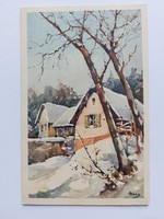 Old Christmas postcard postcard snowy landscape with cottages