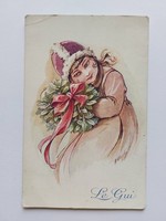 Régi karácsonyi képeslap rajzos levelezőlap kislány fagyöngy