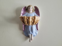Régi antik porcelán kagylót tartó angyal fali szenteltvíz tartó eozinos falidísz kegytárgy