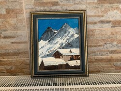 MF szignós Alpesi táj angol festmény fa keretben üveg nélkül