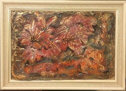 Prima díjas művész alkotása.Tűzpiros azáleák.35x25 cm.Fényre változó színek. Károlyfi Zsófia (1952)