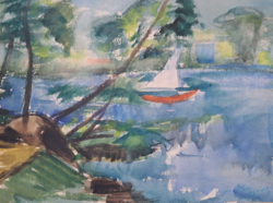 Vitorlás (teljes méret 53x38 cm) aquarell, tavas tájkép, vízpart
