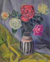 Kálmánfi János (1921-2006) Rózsás csendélet (olajfestmény kerettel) virágok