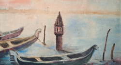 Venetian port (with frame 47x37 cm) with Csipkay (?) signature, watercolor - navigation, boats, gondolas
