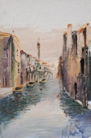 Venice - charming miniature (oil on canvas, full size 22x32 cm) gondolas, Italy
