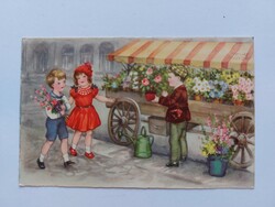 Régi képeslap Hannes Petersen művészrajz levelezőlap gyerekek virágárus