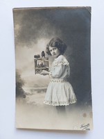 Old postcard photo postcard little girl cage little birds