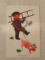 Old New Year's postcard 1965 picture postcard chimney sweep pig clover