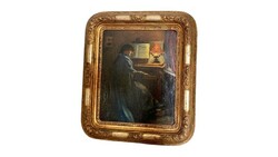 Biedermeier zongorázó nő kisméretű festmény