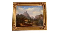 Antik Biedermeier tájkép restaurált