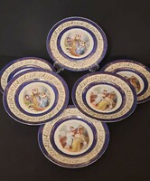 Altwien allegórikus jelenetes kobaltkék színű 6 db os antik porcelán süteményes készlet