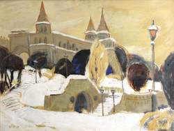 Balogh Ervin (1925-2020) Halászbástya Télen 70x90 | Téli Budapest Városkép Látkép Tájkép Budai Vár