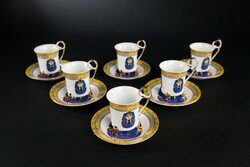 Fine Porcelain fáraó mintás porcelán kávés csésze alátét tányérral, 6 darab, jelzett