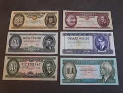 10, 20, 50, 100, 500, 1000 forintos régi papír bankjegyek (forint sor) - Régi magyar Ft papírpénzek
