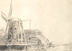 Rembrandt: Windmill (1641) etching copy (with frame 39x33 cm) - after the Dutch master