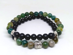 Men's mineral bracelet set, mocha agate and matte onyx agate 8 mm beads