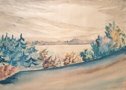 Watercolor, 1936 - Greek painter? Unidentified sign - landscape with pine trees