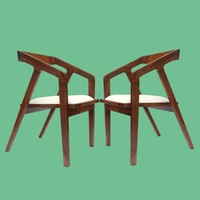 Beautifully shaped, renovated solid wood dining chair with a pair of leather seats