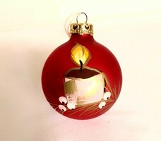 Régi, piros alapon kézzel festett gyertya kézműves üveg gömb karácsonyfa dísz 6 cm