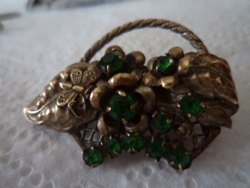 Antique silver plated brooch - decorated with green polished stones