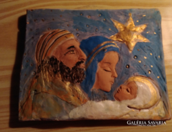 A szent család, Jézus születése - kerámia, agyag apró festett dombormű