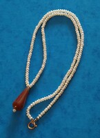 Special genuine cultured pearl necklace with 14k gold setting, Indian agate pendant