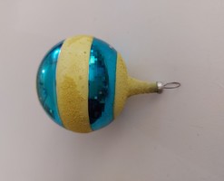 Old glass Christmas tree ornament blue yellow striped sphere glass ornament