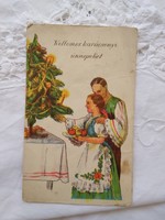 Régi grafikus, karácsonyi képeslap/üdvözlőlap pár népviseletben, karácsonyfa 1939