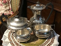 Ritka! Több, mint 100 éves, antik, Walker & Hall, ezüstözött, alpakka, 4 db-os, teás-kávés készlet