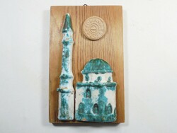 Old ceramic mural on a wooden base, hangable fired clay, souvenir, tourist souvenir - sopianae Pécs