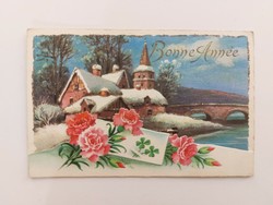 Old Christmas card 1960 postcard snowy landscape carnation clover