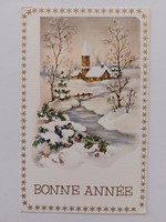 Régi karácsonyi képeslap levelezőlap havas táj templom patak kismadár