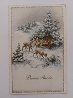Old Christmas postcard 1960 postcard snowy landscape deer