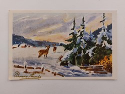 Old Christmas postcard postcard snowy landscape deer