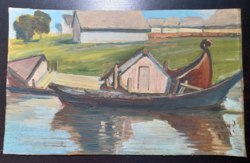 Riverside cottage, oil on canvas (19x31 cm), waterfront landscape, boats