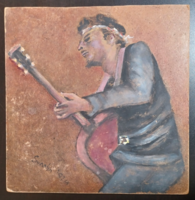 Gitáros, 1991 (25x25 cm) tempera, farostlemez - zenész festmény