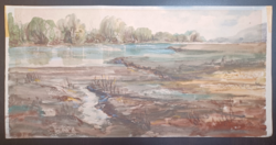 Dunaparti tájkép, aquarell (23,5x48 cm) vízpart