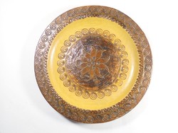 Wooden wall plate decorative plate - copper inlay decoration burnt pattern - 17.7 Cm diameter