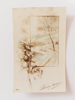 Régi karácsonyi képeslap levelezőlap havas táj fagyöngy