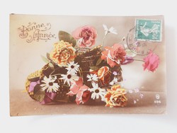 Old Christmas card postcard flower basket