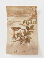 Régi karácsonyi képeslap levelezőlap havas táj kismadár