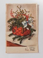 Régi karácsonyi képeslap 1954 levelezőlap fenyőág fagyöngy
