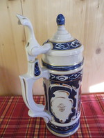 Porcelán csodás német korsó fedeles, jelzett, Unter Weiss Bach emlémával ellátott