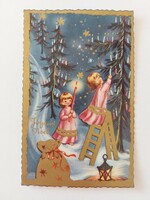 Old Christmas card postcard pine tree little girls