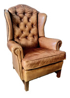 A627 antique English chesterfield winged leather armchair