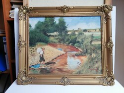 On the way home from the mill. Lovely picture of rural life, oil on canvas, in a gold-colored frame, 1930s