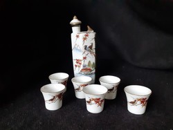Satsuma porcelán sake set, szaké készlet, litofán poharakkal, japán, kézzel festett, pálinkás