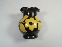 Retro régi Kerámia kézzel festett mázas virágos kis váza - 7 cm magas