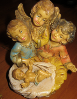 Old Italian painted plastic angel statue with group manger and little Jesus